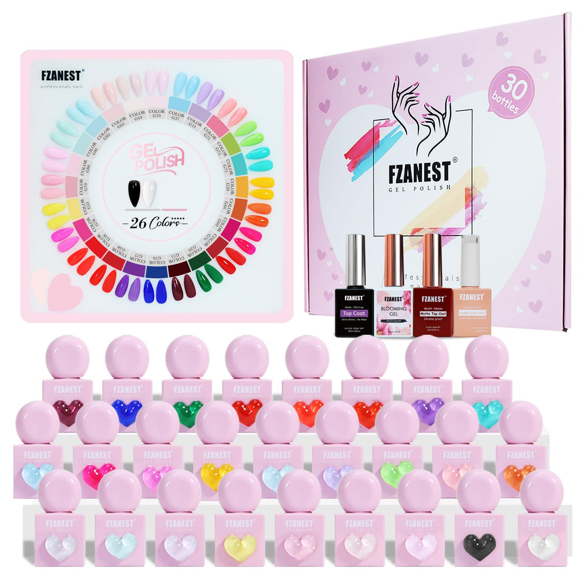 FZANEST front packaging showing 30pcs kit and organized bottles for easy selection