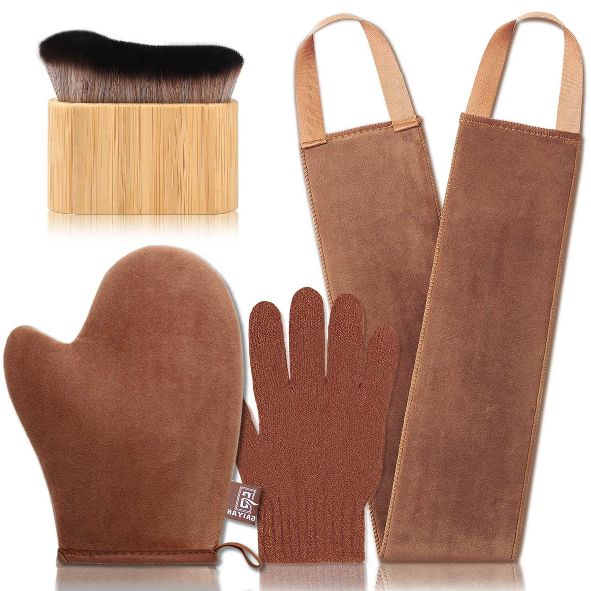 G GAIYAH front view of 4-piece tanning mitt kit showing all tools and benefits