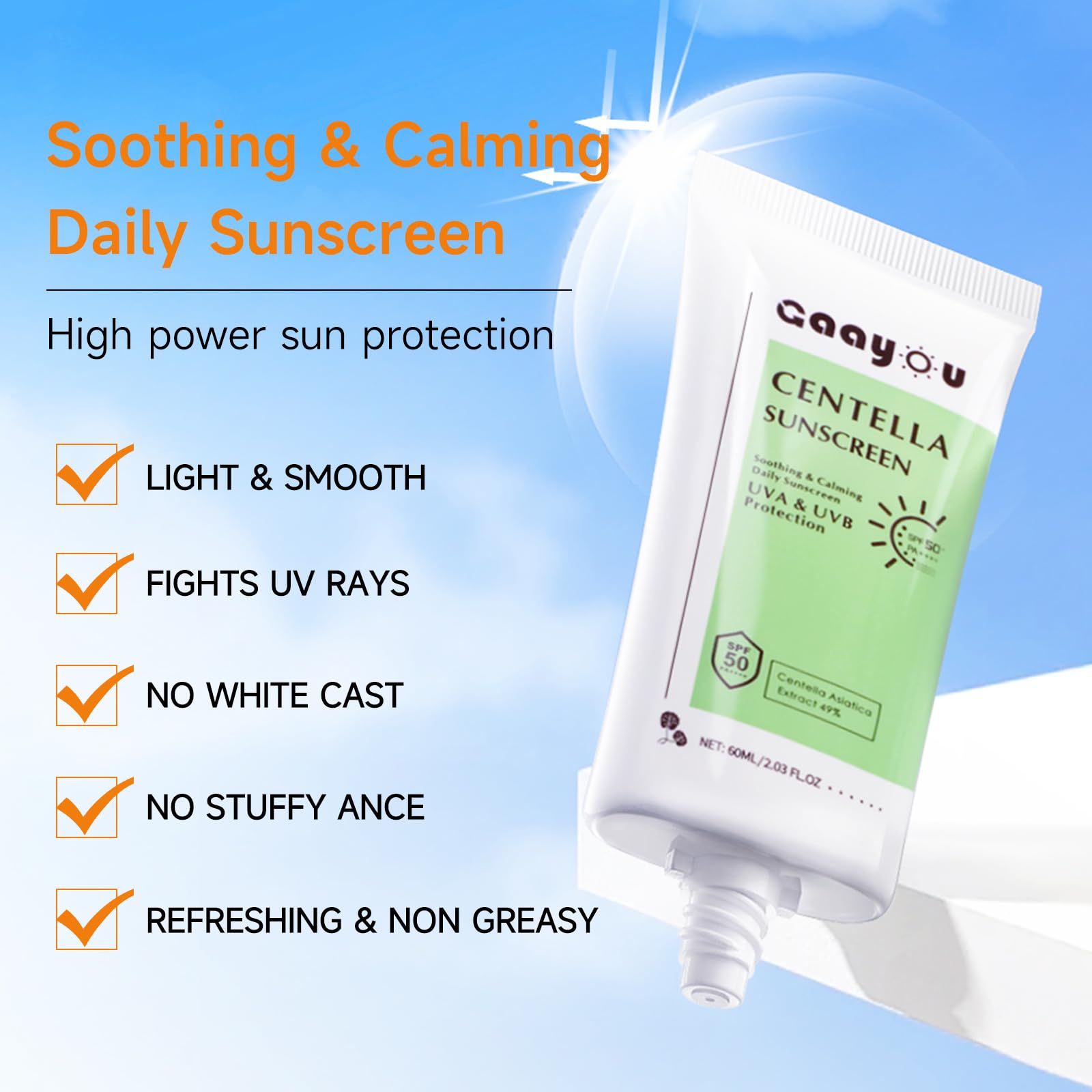 Gaayou centella sunscreen next to hand for scale showing travel-friendly size benefit