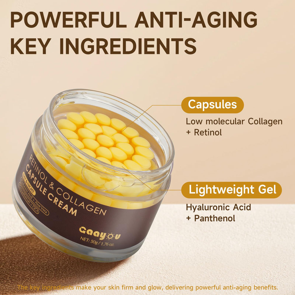 Gaayou open jar revealing retinol collagen capsules and gel for controlled release