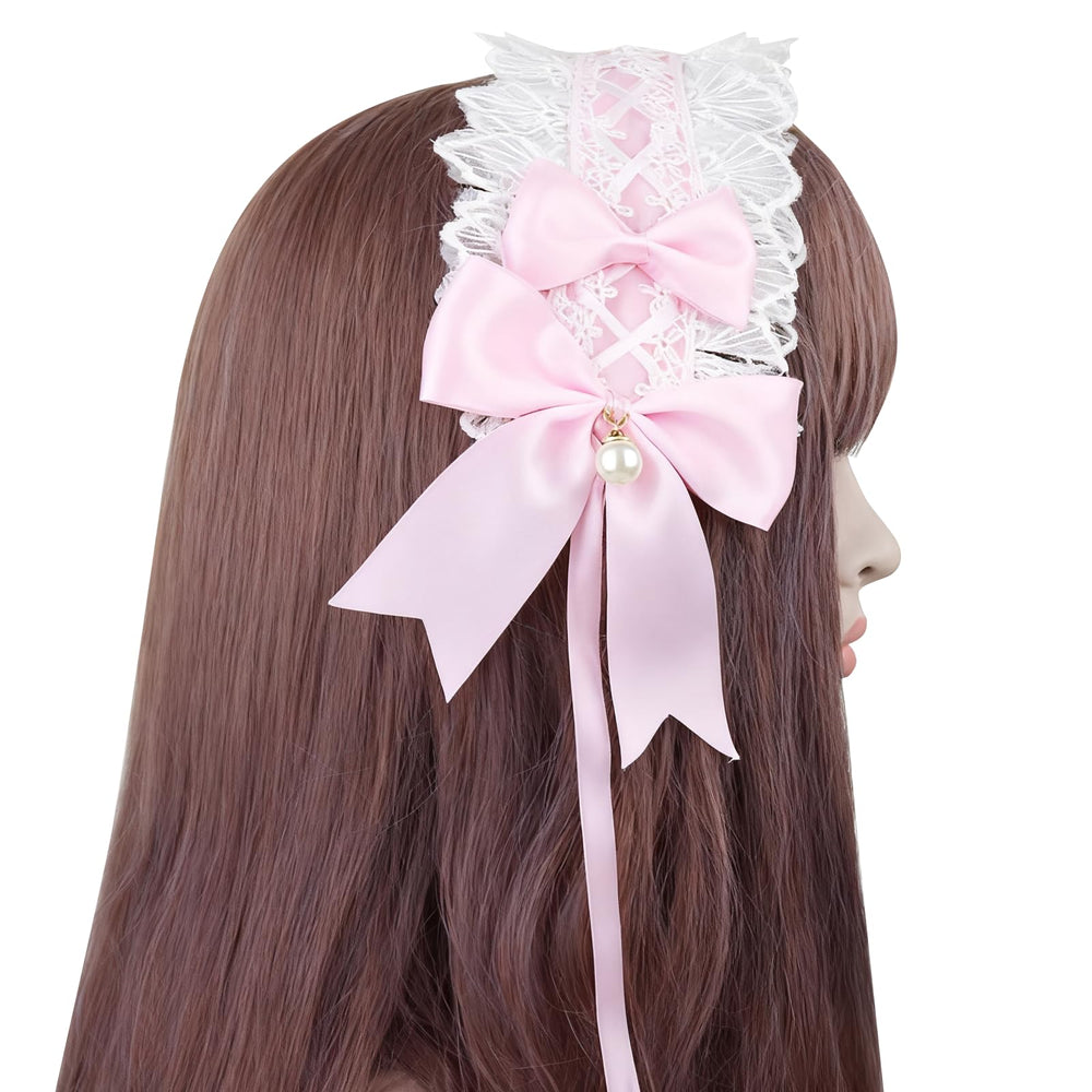 GadgetNova Lolita headband front view showing pink bows and lace, adds cute finishing touch