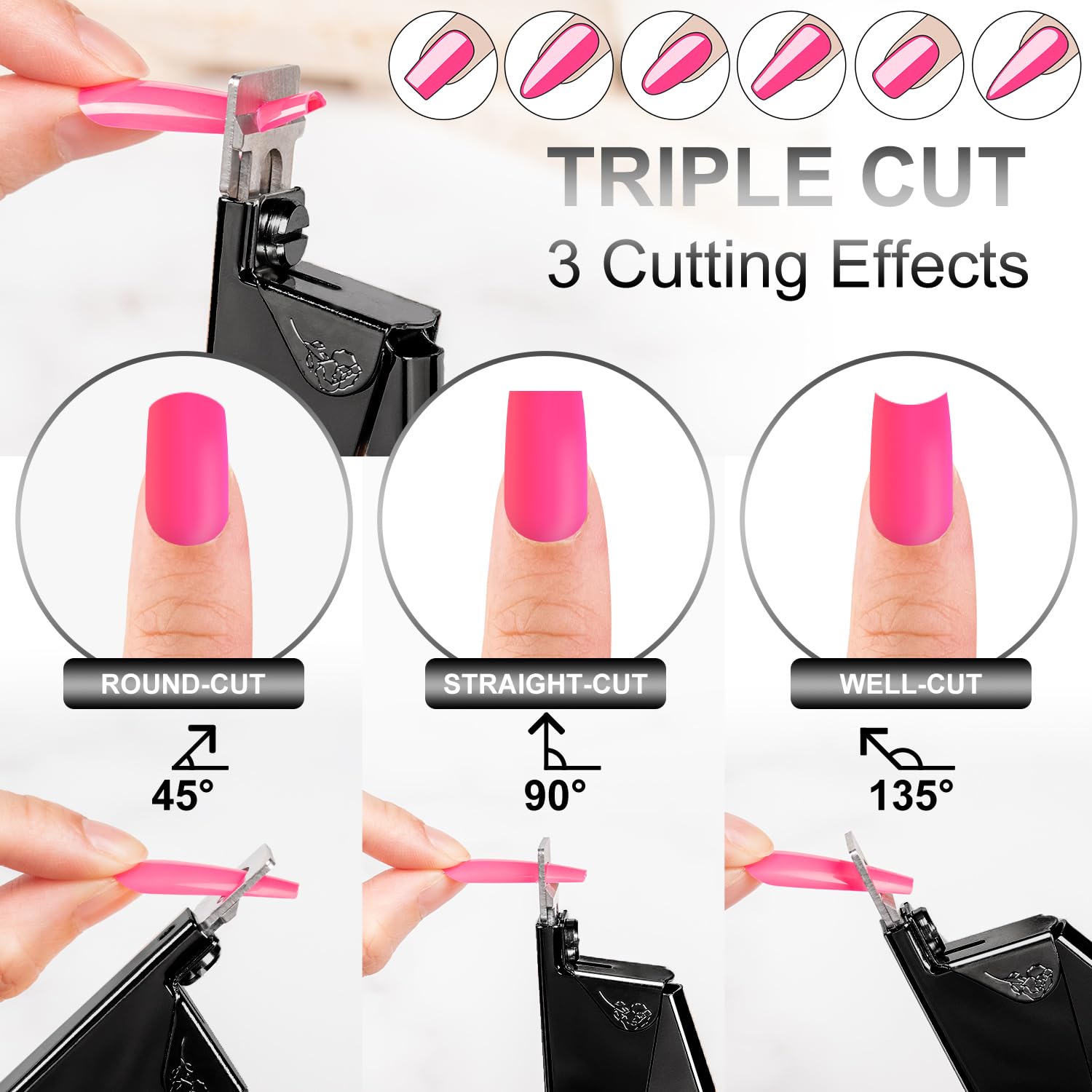 GA&EN clipper demonstrating three angle positions for shaping different nail styles