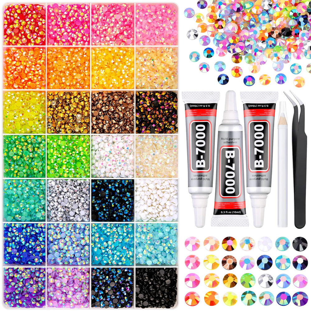 GA&EN front view of 28-grid storage box showing mixed-color rhinestones and tools for organized crafting