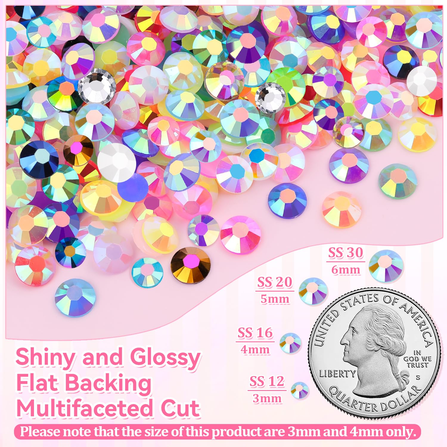 GA&EN 3mm and 4mm rhinestones beside ruler showing scale for project planning