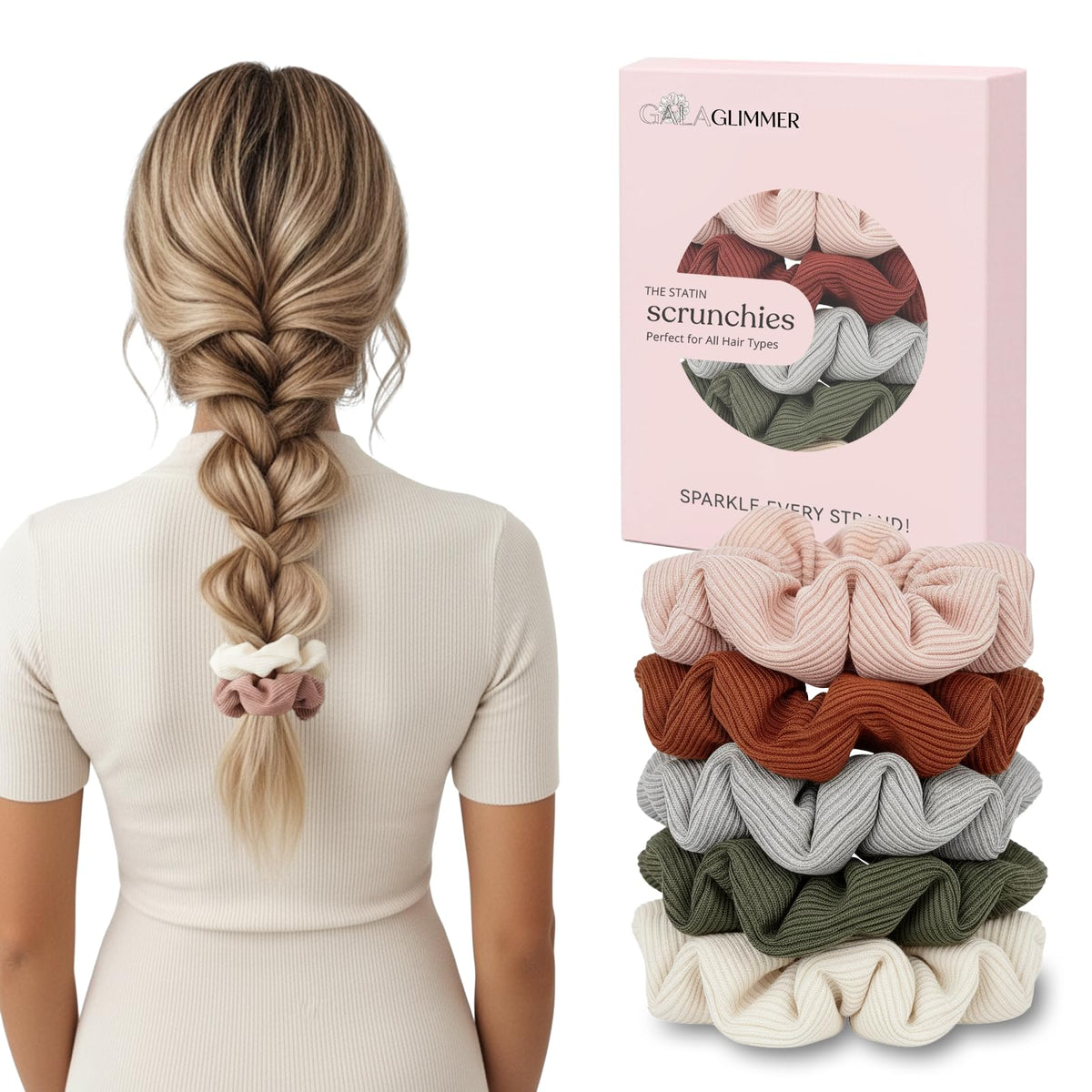 GALAGLIMMER front view of scrunchie set showing colors and packaging benefit durable style