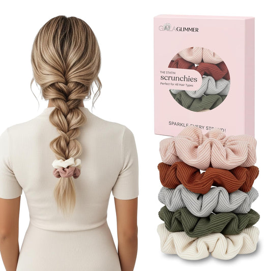 GALAGLIMMER front view of scrunchie set showing colors and packaging benefit durable style