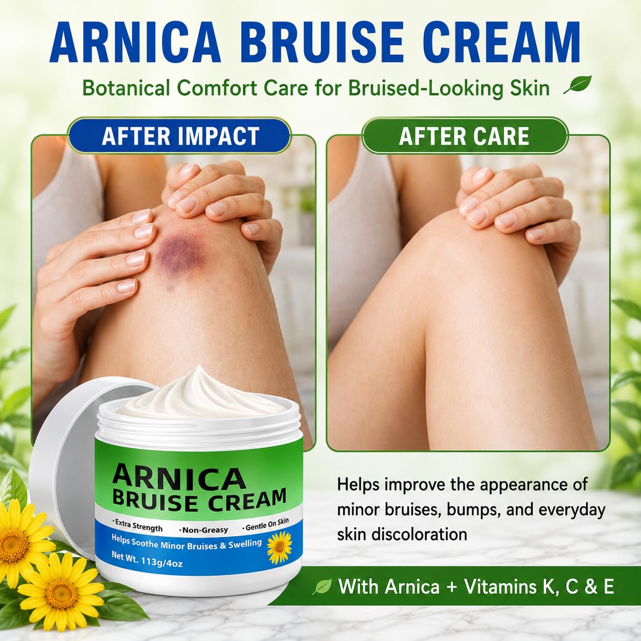 Close-up arnica montana flower with Galitoon, natural ingredient reassurance