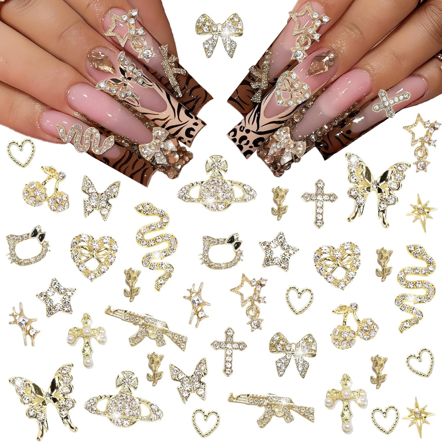 Ganepwns front packaging showing 40 gold nail charms for easy selection and assembly