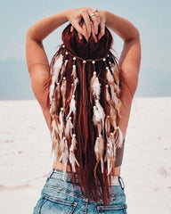 Gangel headband front view showing white and brown feathers and hemp rope benefits eye-catching style