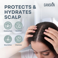 Ganskin ingredient flatlay with oatmeal, aloe, and oils showing calming blend