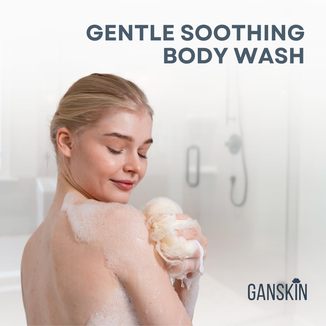 Ganskin pump dispensing creamy lather to demonstrate soft, non-drying cleanse benefit