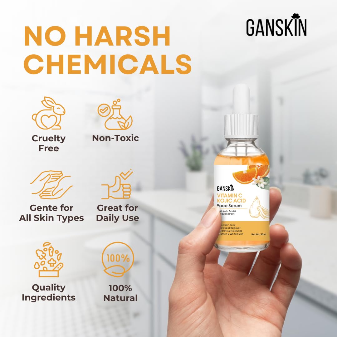 Ganskin serum on bathroom counter in lifestyle scene for daily routine