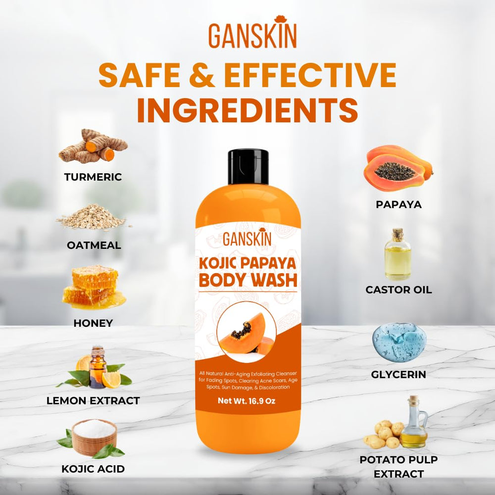 Ganskin soap next to papaya and turmeric showing natural actives