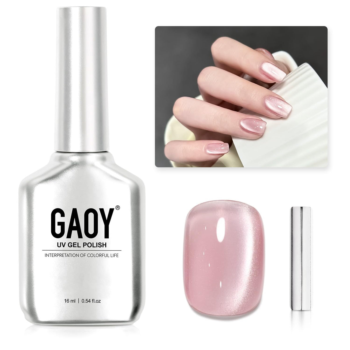 GAOY bottle front view showing Light Rose shade and holographic shimmer for vivid manicures