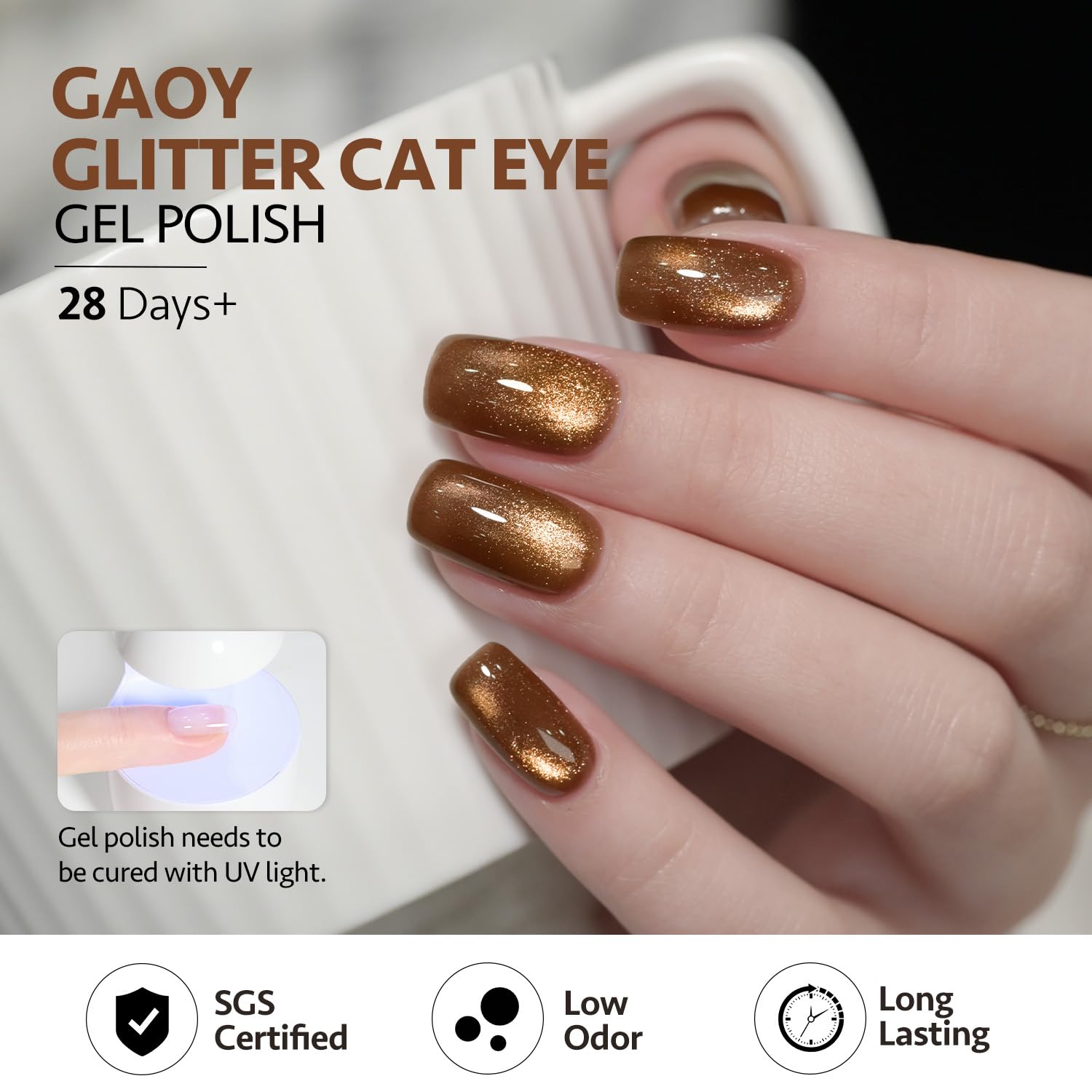 GAOY bottle staged with UV lamp and manicure tools for easy at-home use