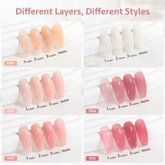 GAOY six 7.3ml bottles arranged top view highlighting sheer nude shades
