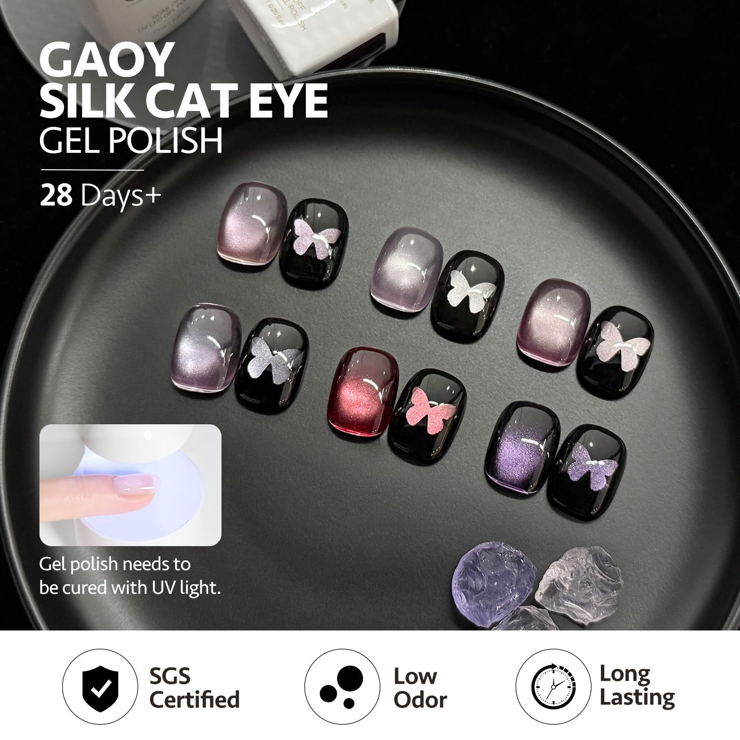 GAOY polish being cured under a UV lamp showing quick drying and glossy finish benefit
