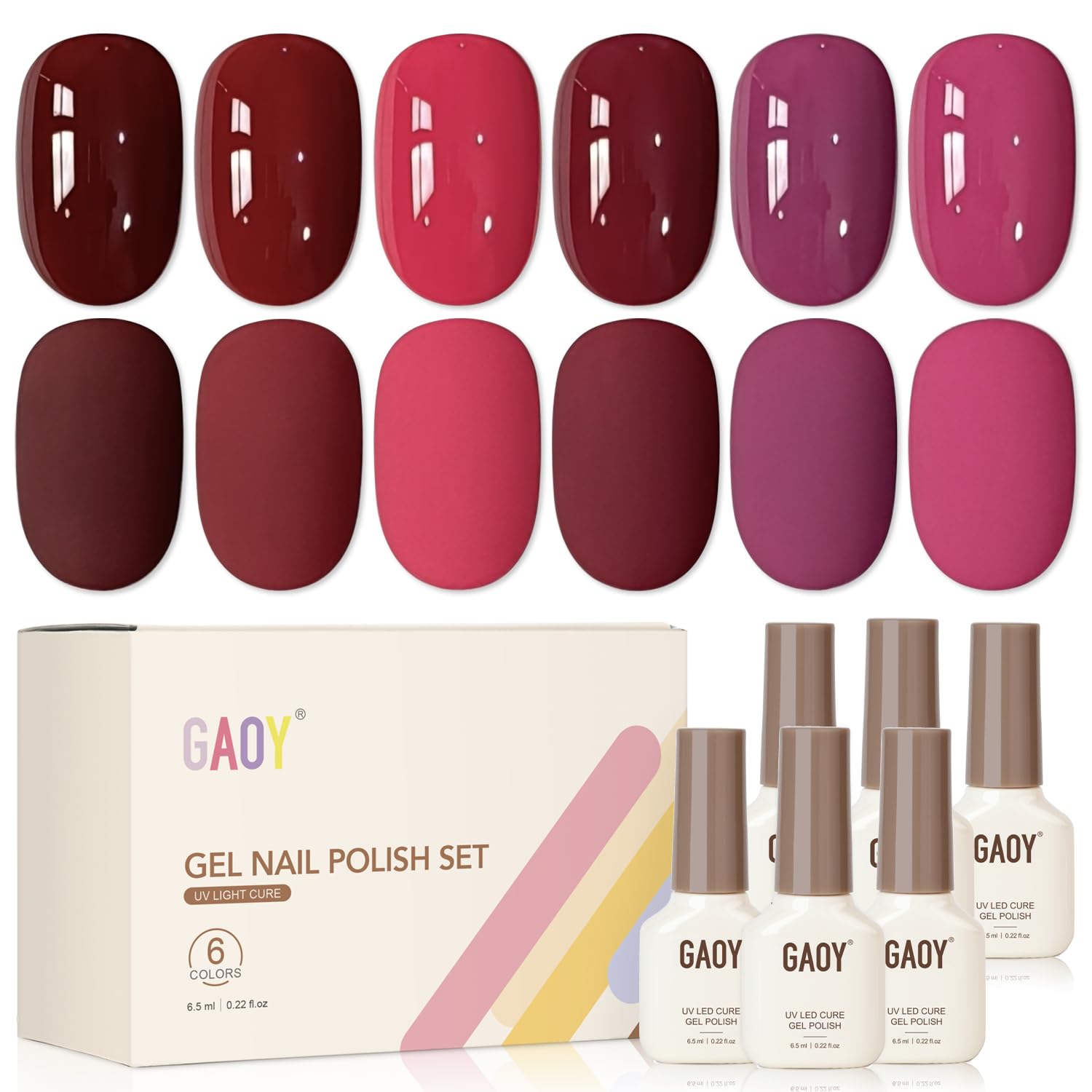 GAOY front packaging showing six berry gel polish bottles and palette benefit
