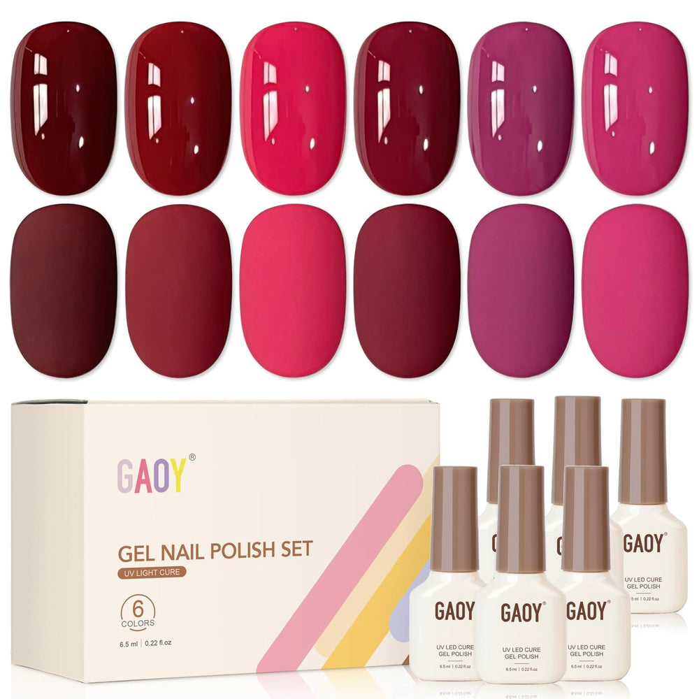 GAOY front packaging showing six berry gel polish bottles and palette benefit