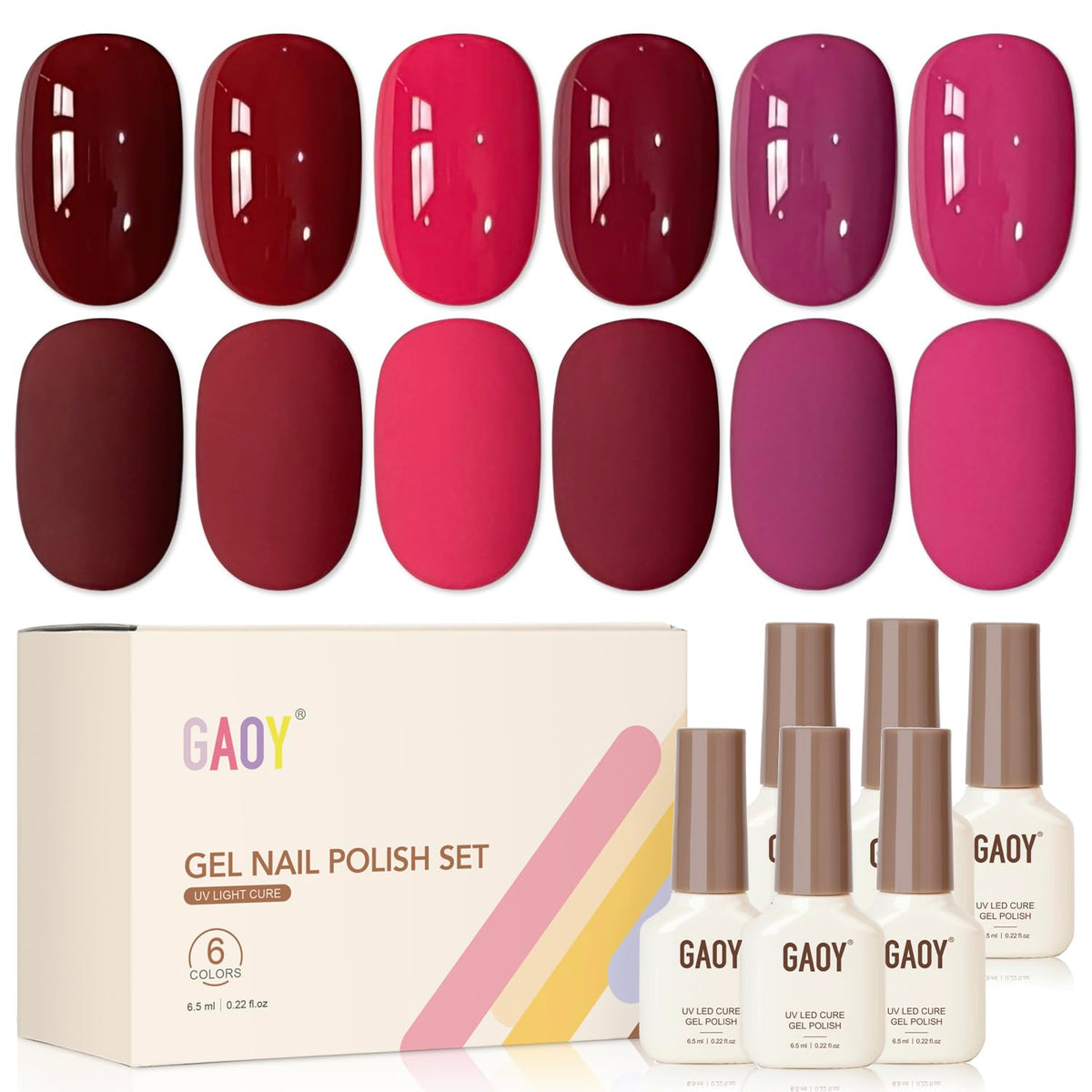 GAOY front packaging showing six berry gel polish bottles and palette benefit