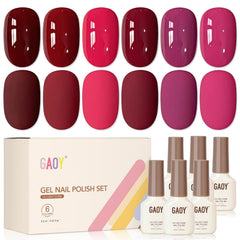 GAOY front packaging showing six berry gel polish bottles and palette benefit