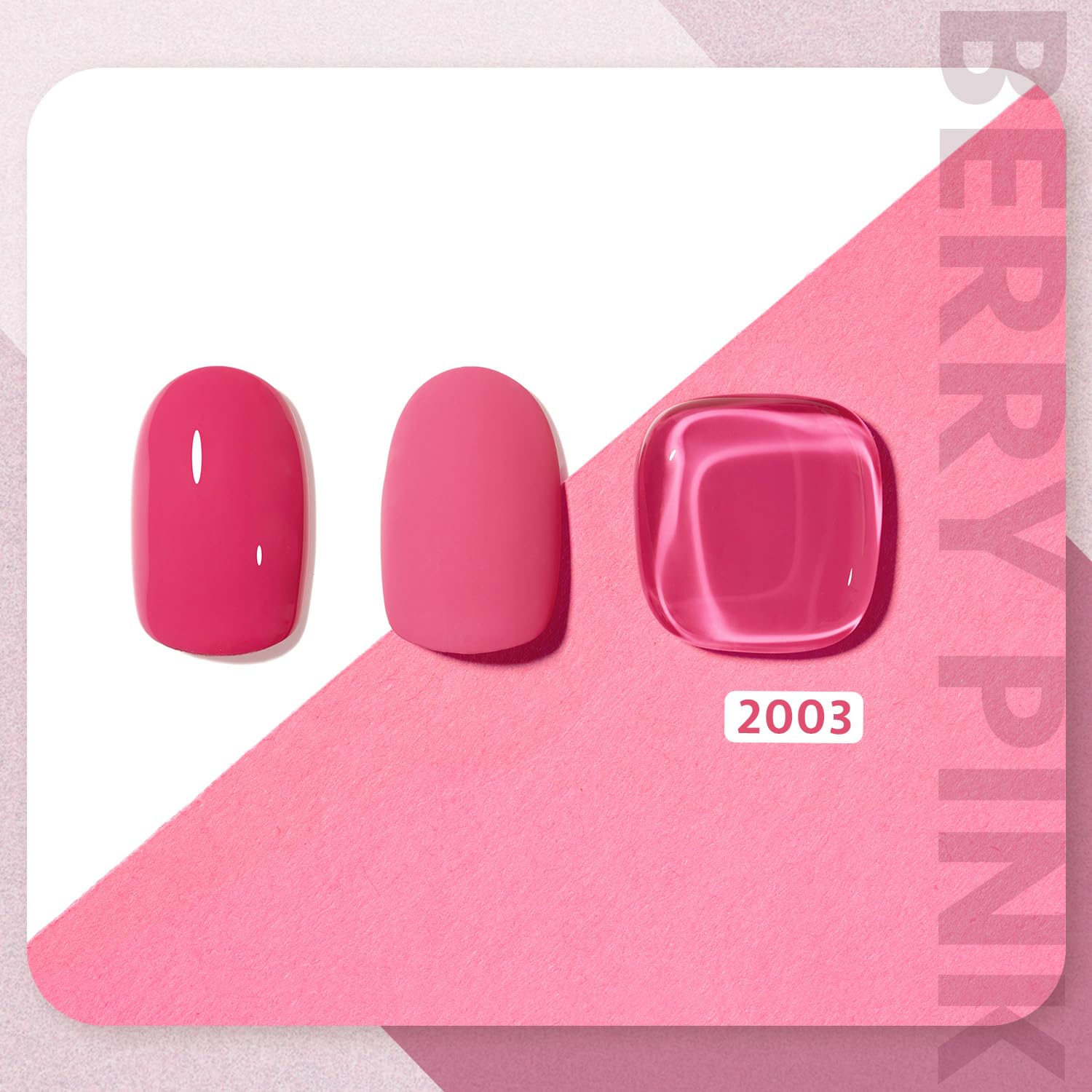 GAOY swatch on nail tips showing true 2003 Berry Pink color and smooth coverage benefit