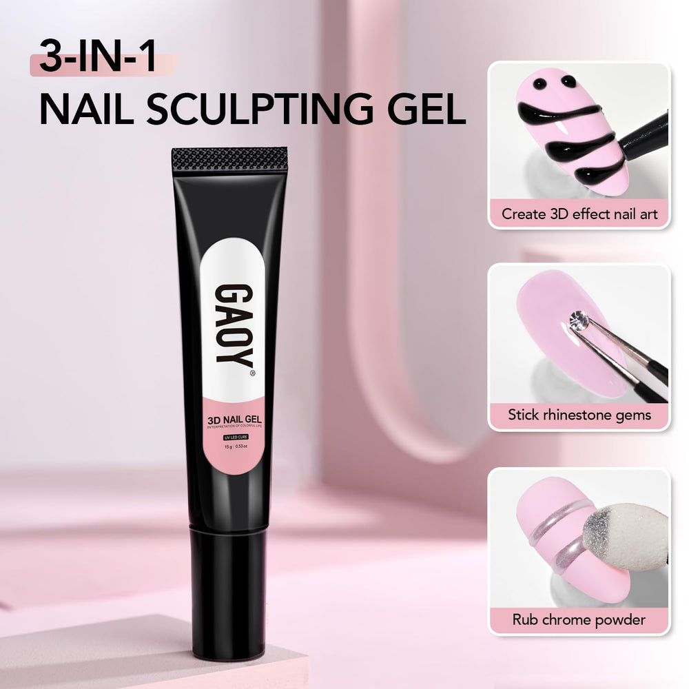 GAOY black 3D nail gel cured 3D gems on nails showing secure hold and glossy finish benefit