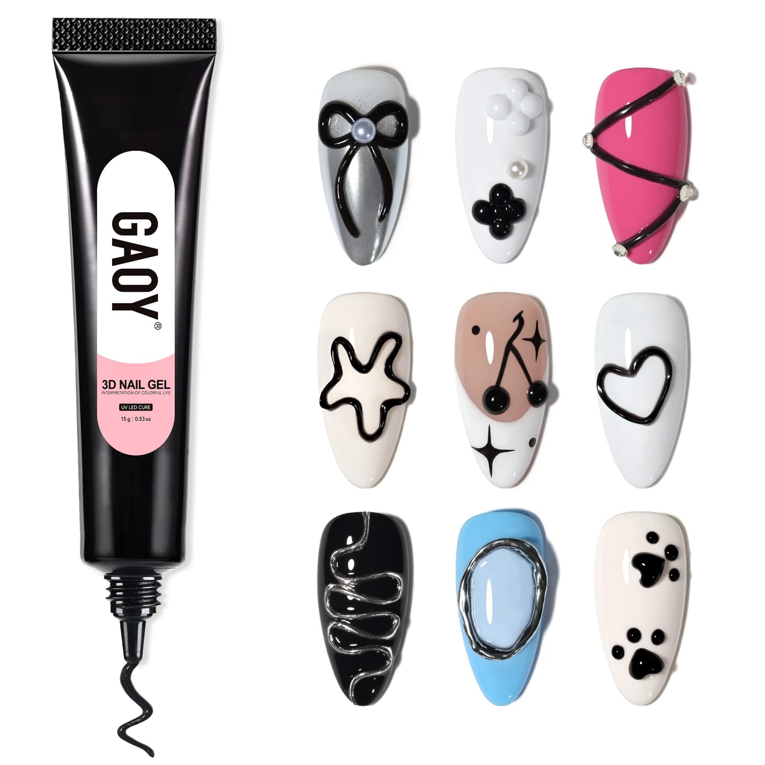 GAOY black 3D nail gel front tube showing packaging and easy squeeze control benefit
