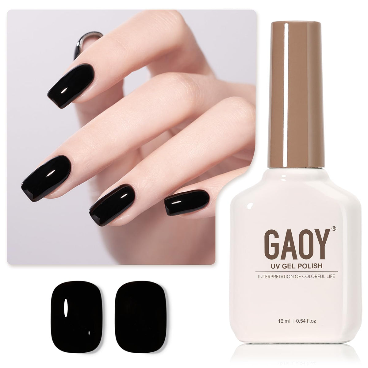 GAOY bottle front view showing label and glossy black color benefit