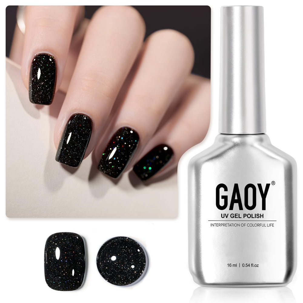 GAOY front bottle showing 16ml black reflective glitter and premium finish