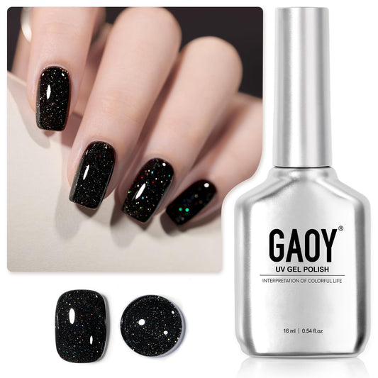 GAOY front bottle showing 16ml black reflective glitter and premium finish