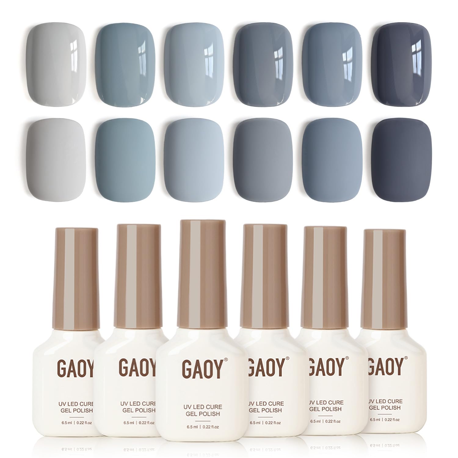 GAOY front packaging showing six blue gel polish bottles, clear color selection benefit