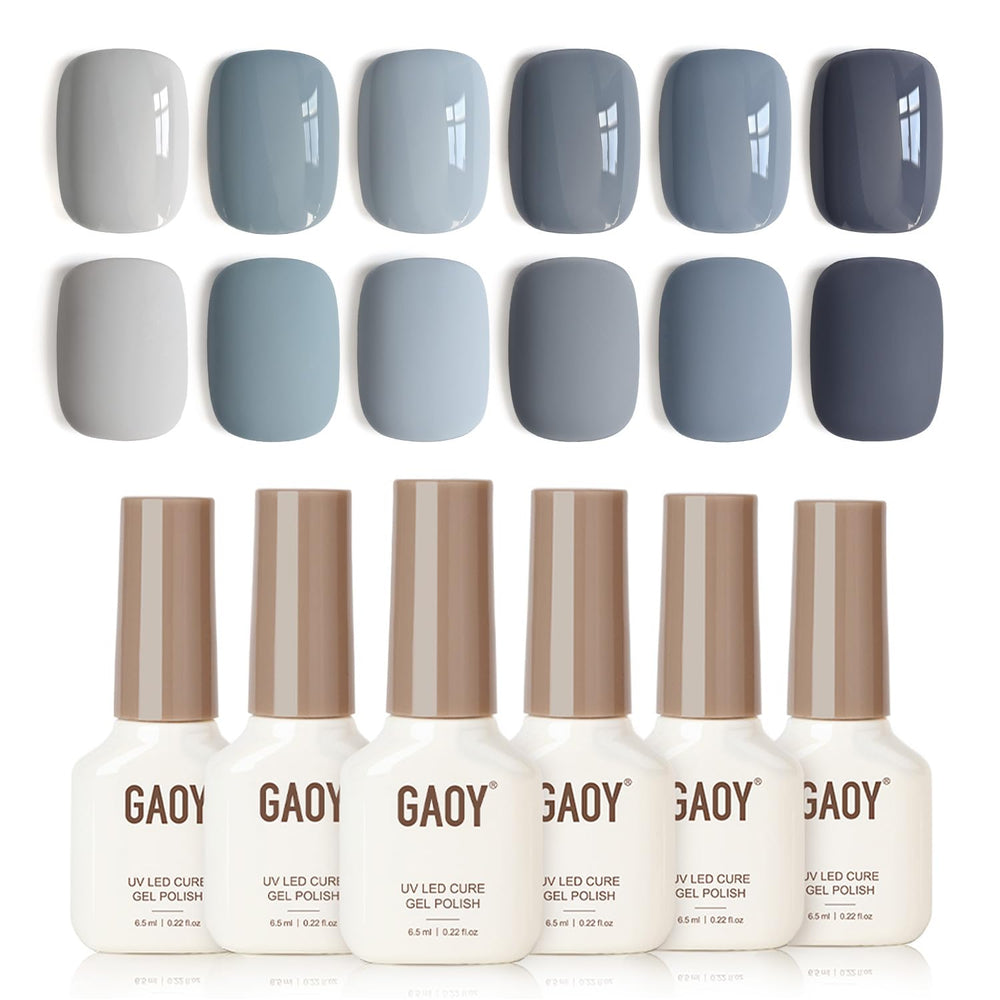 GAOY front packaging showing six blue gel polish bottles, clear color selection benefit
