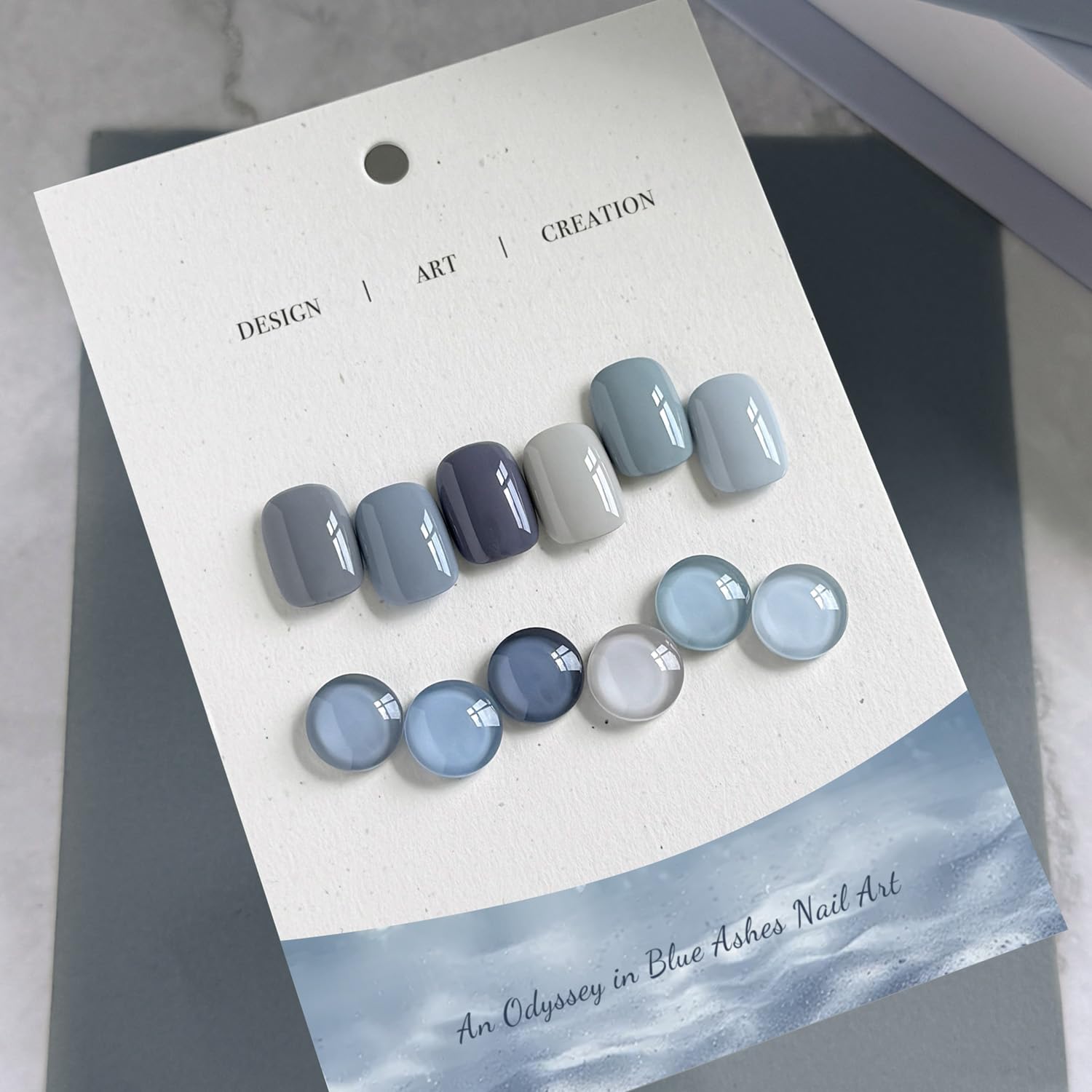 GAOY swatches on fan displaying six blue shades, aids color choice benefit