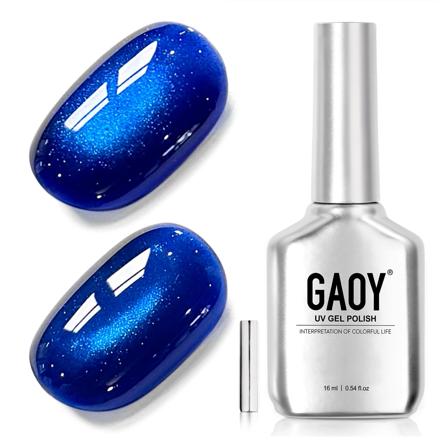GAOY front bottle showing navy holographic shade for salon-quality shine