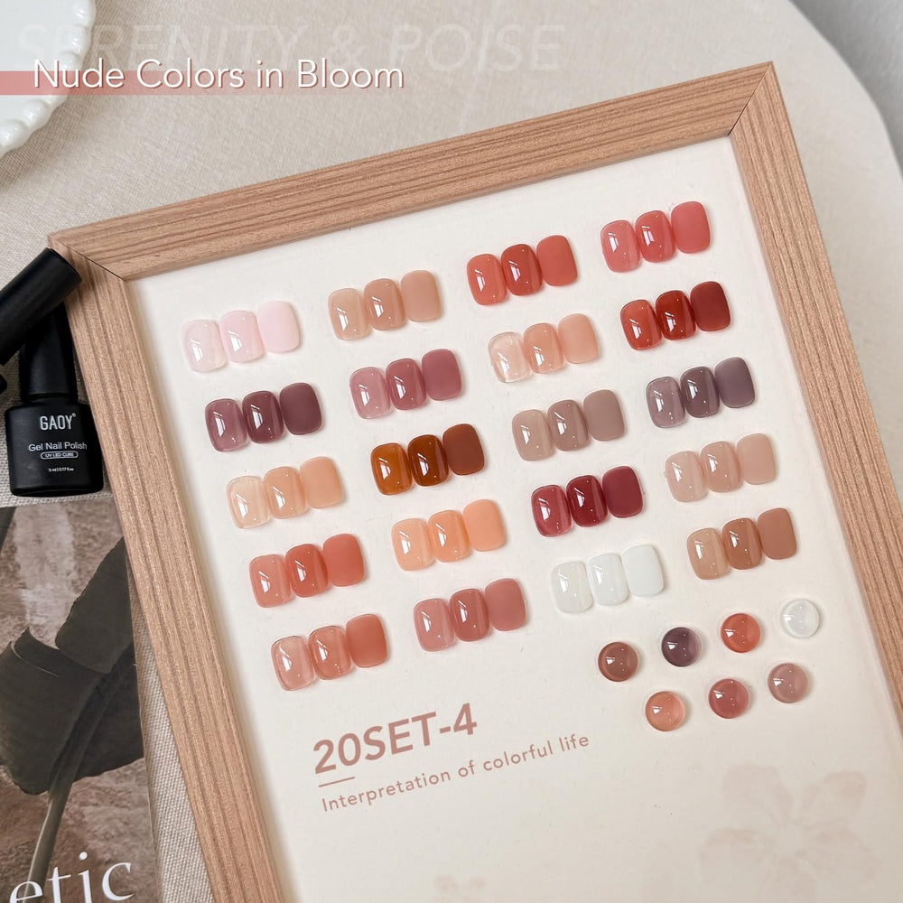 GAOY bottle collection top view displaying 20 jelly shades for versatile looks