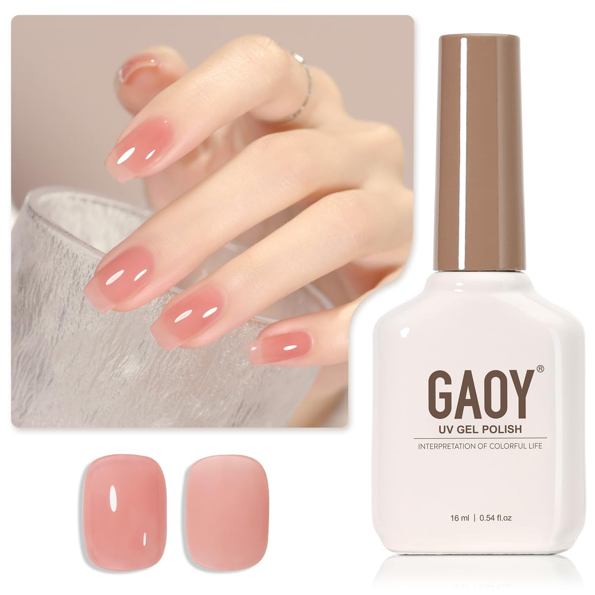 GAOY bottle front view showing 16ml blush pink, clear labeling and benefit of generous volume