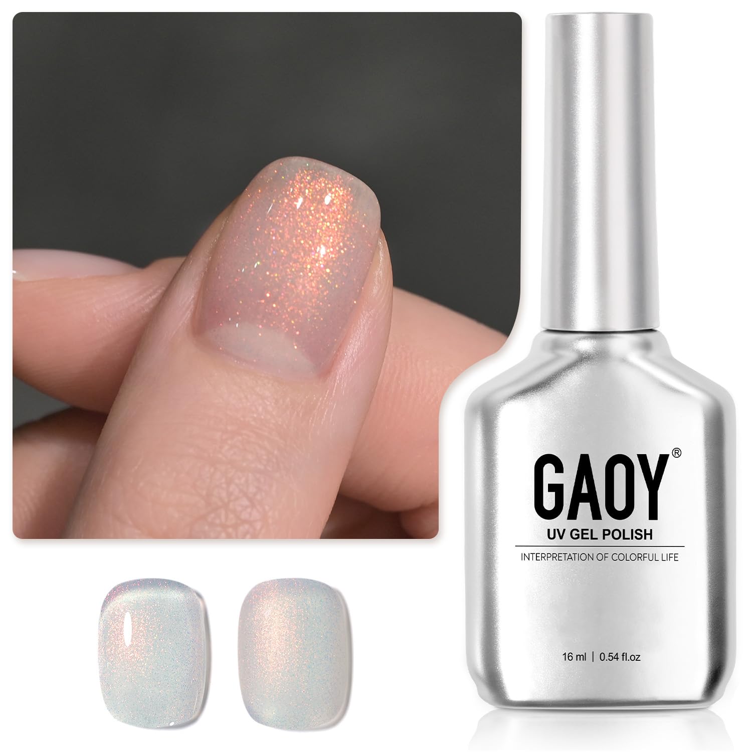 GAOY bottle front view showing 16ml aqua glimmer and easy application benefit