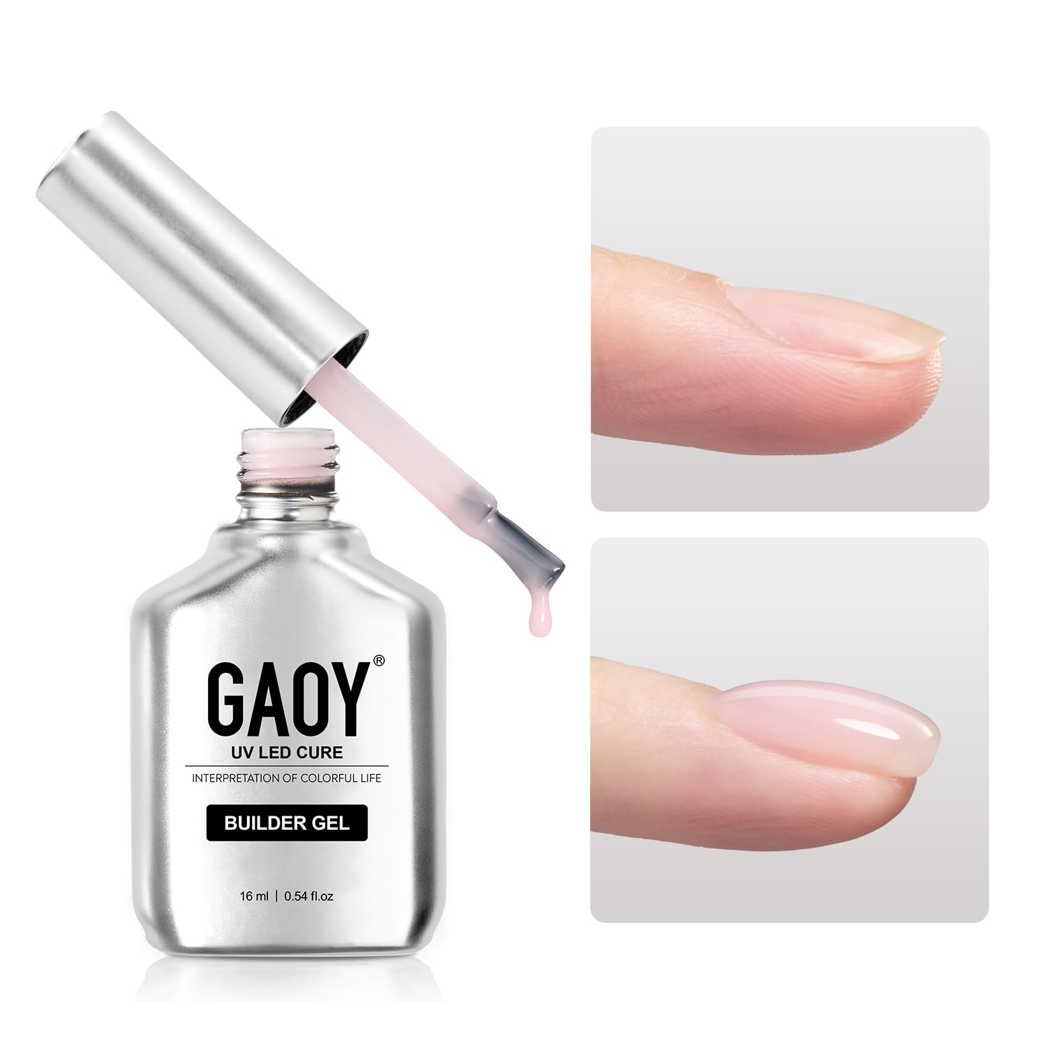 GAOY bottle front view showing 16ml baby pink shade, professional finish benefit