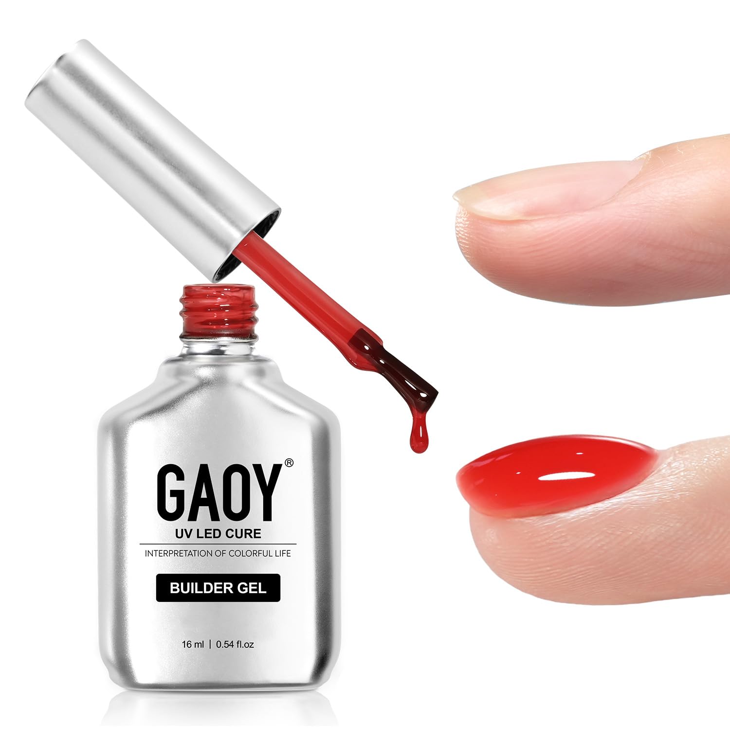 GAOY bottle front showing 16ml builder gel, clear label and color benefit