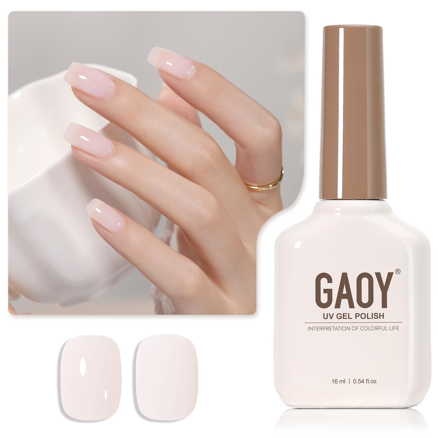 GAOY bottle front view showing the 16ml volume and jelly-pink shade benefit glossy finish