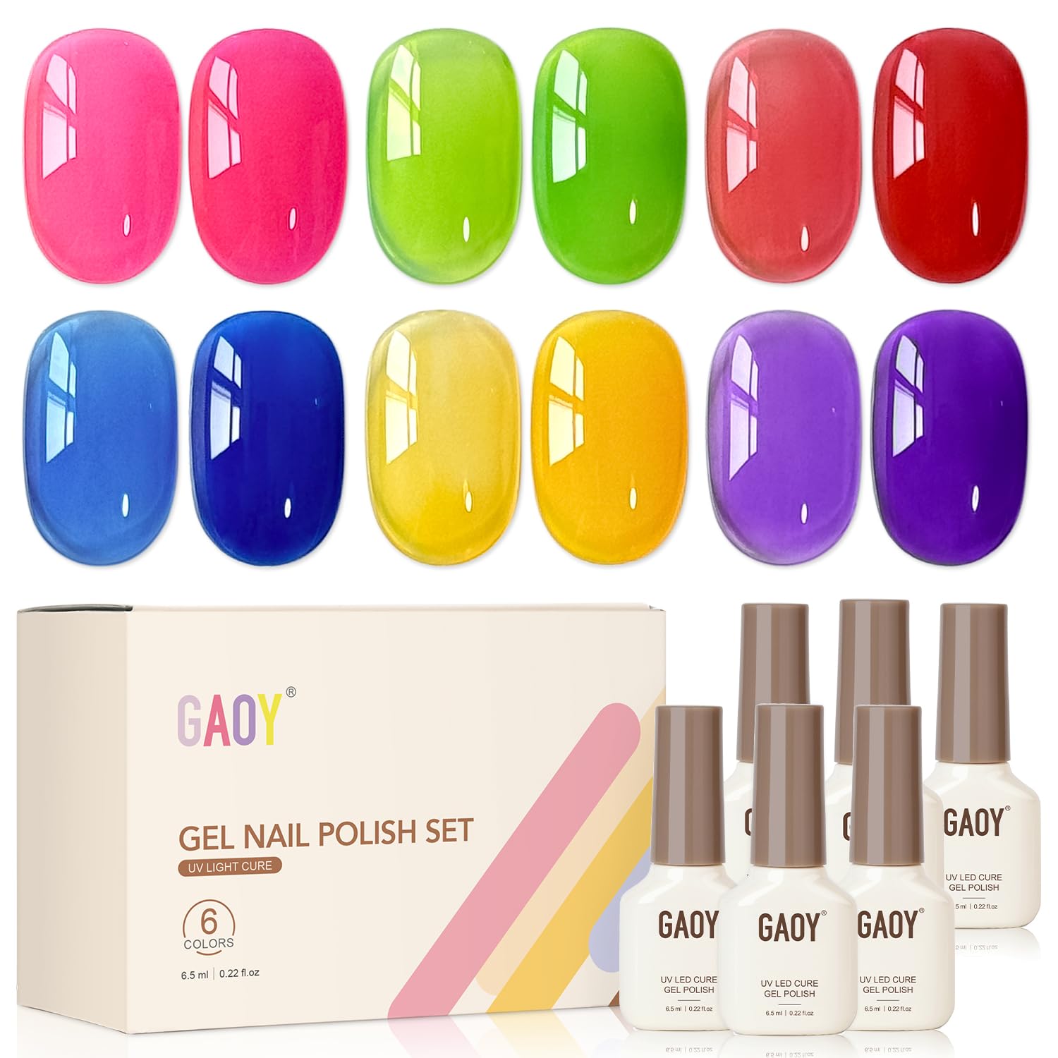 GAOY bottle lineup front showing six neon jelly colors for vibrant choices