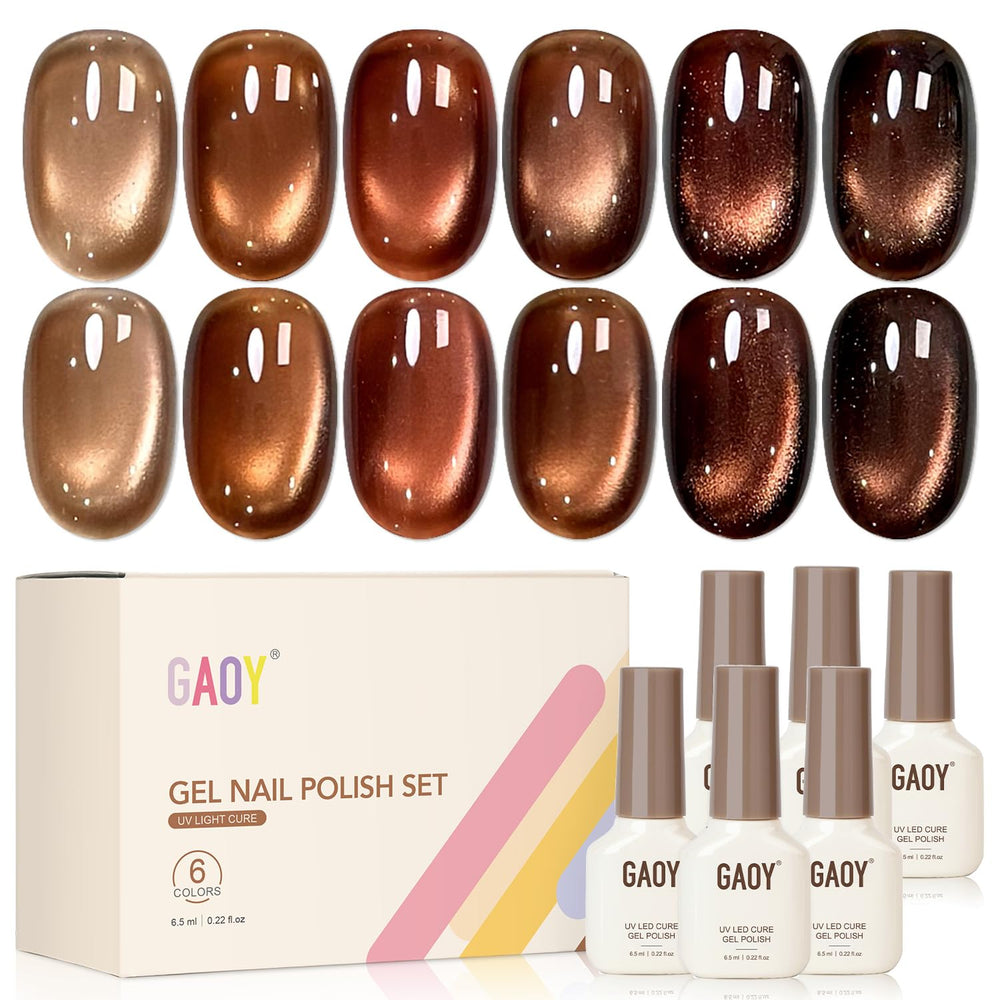 GAOY front packaging showing six brown cat eye gel bottles and magnet for easy application