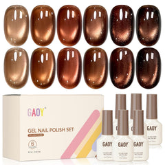 GAOY front packaging showing six brown cat eye gel bottles and magnet for easy application