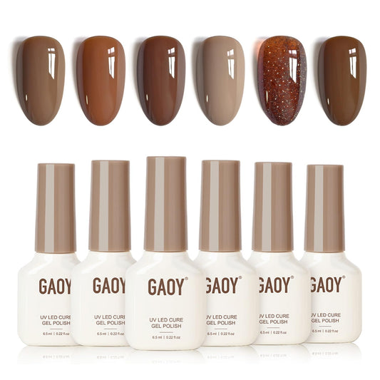 GAOY front packaging showing six fall brown gel polish bottles and set benefit