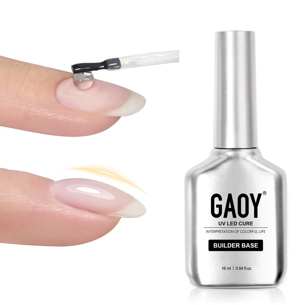 GAOY clear builder base bottle front showing chrome silver design and 16ml benefit