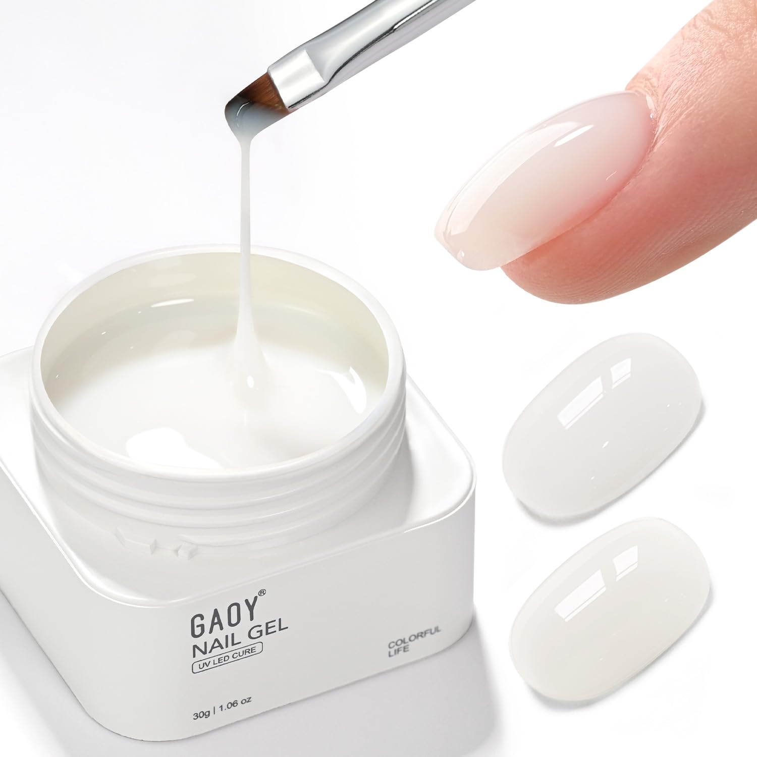 GAOY builder base jar front view showing milk white finish and packaging benefit