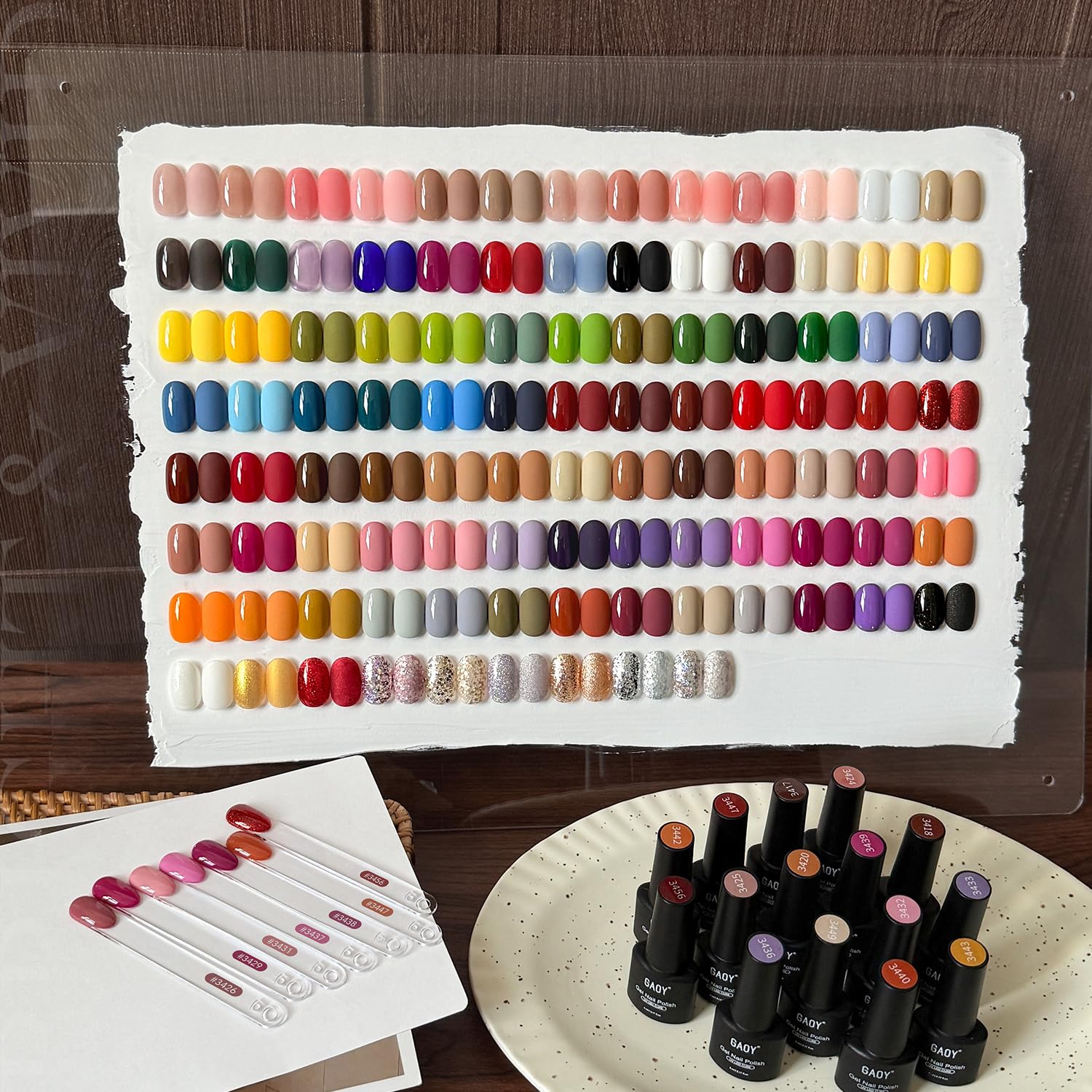 GAOY builder gel and glossy matte top coats grouped for strength and finish control