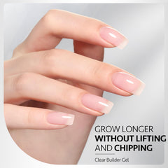 GAOY builder gel being applied to a nail tip to create subtle extension and added strength