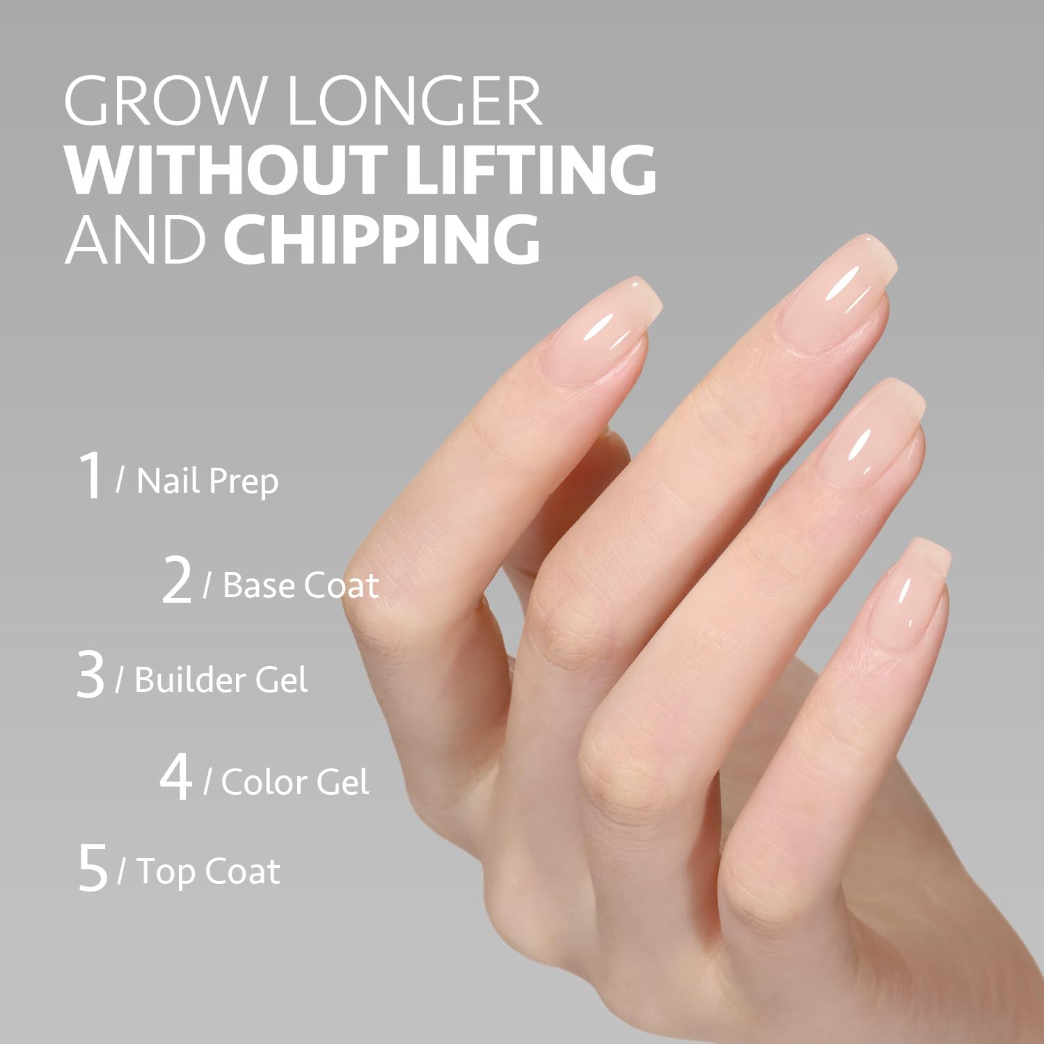 GAOY cured milky-pink nails on hand highlighting natural-looking strength and shine